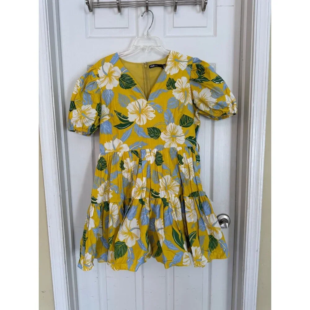 INA Yellow Tropical Floral Short sleeve V-neck Mini Dress Size Large - Picture 3 of 13